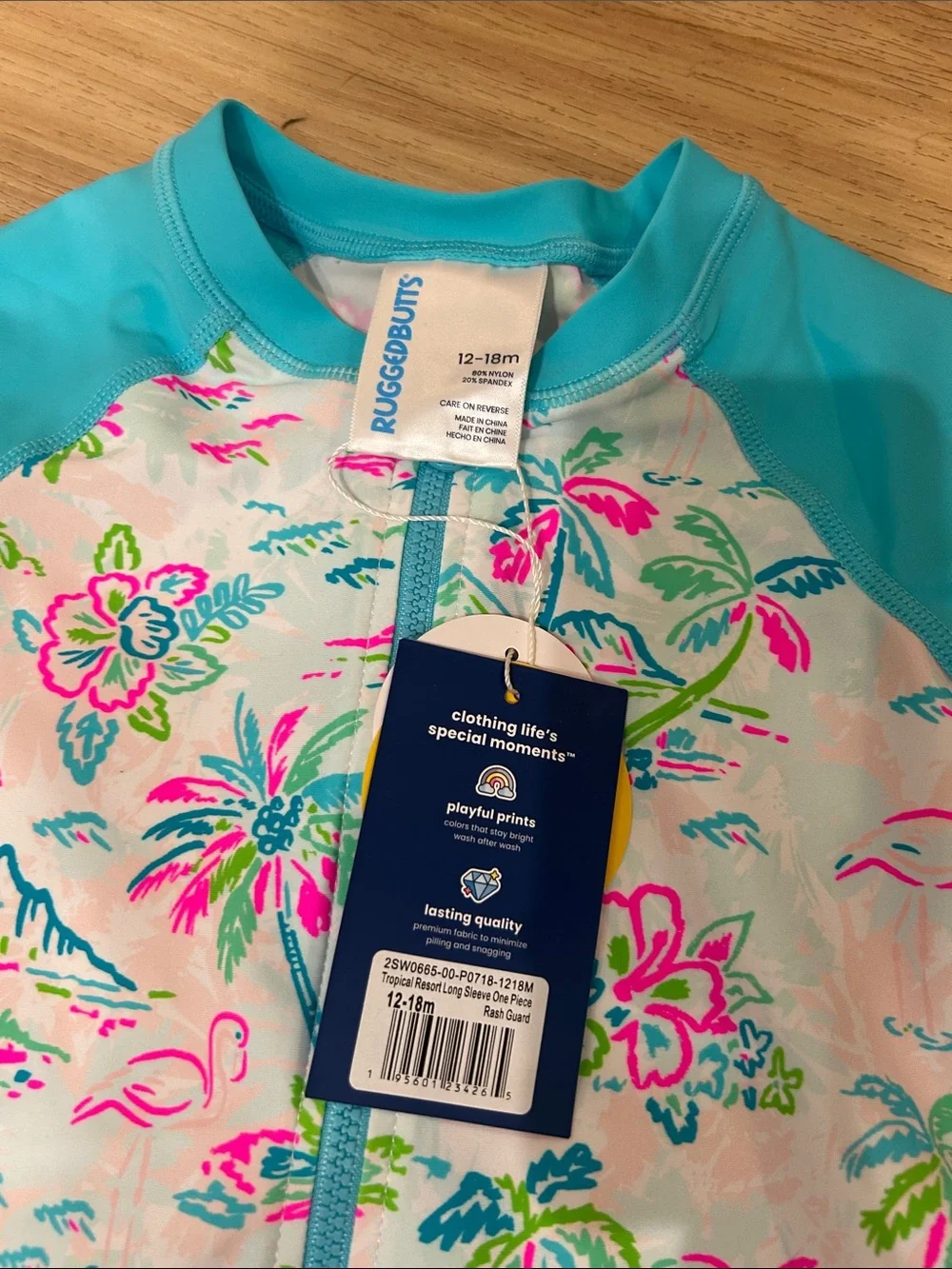 Girls' Long-Sleeve Tropical Zip Rashguard Swimsuit - Aqua